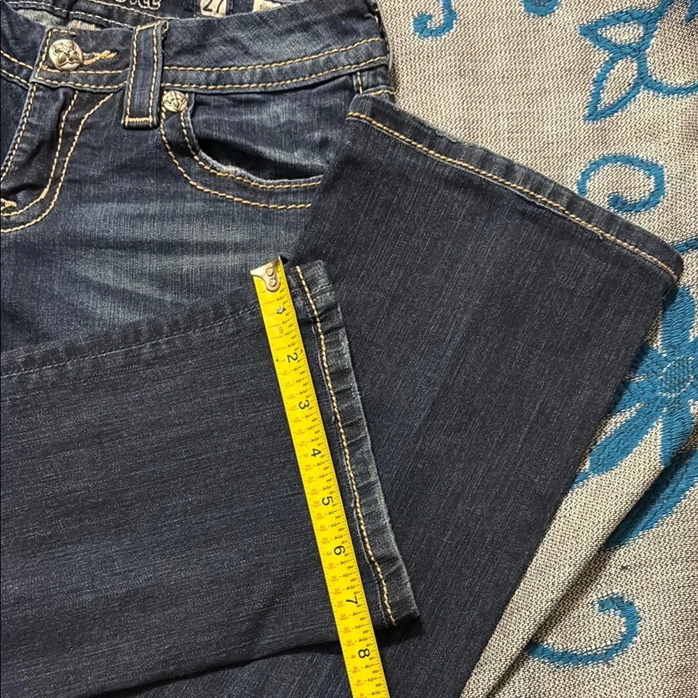 Miss Me Boot Cut Jeans in Blue and Gold with Fleur-de-Lis Embroidery - Picture 7 of 9